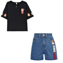 Conjunto feminino duas peças, camiseta estampa manga curta estampa de desenho animado apliques cintura alta conjunto mini shorts jeans 2024 - compre barato