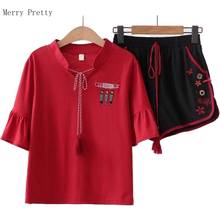 Women Two Piece Set Top And Shorts Flare Sleeve Embroidery T Shirts Hight Waist Hot Shorts Korea Style Mori Girl Outfits Sets 2024 - buy cheap