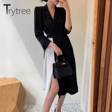 Trytree 2020 Autumn Winter Woman Casual Dress Turn-down Collar Belt Black Patchwork Pleated Fashion Mid-Calf Office Lady Dress 2024 - buy cheap
