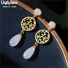 Uglyless-pendientes de Jade con forma de gota de agua para mujer, aretes de rejilla hueca, placa de oro, plata 925 auténtica, joyería de hojas hecha a mano E1342 2024 - compra barato