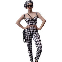 Houndstooth Skinny Stretch Women Jumpsuit Sleeveless Personality Street Style Two Pieces Set Jazz Dance Costume Nightclub Outfit 2024 - buy cheap