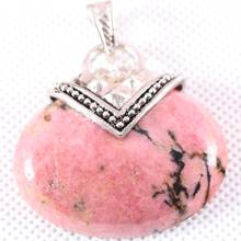 Серебряное ожерелье, подвеска 40x40 мм, овальный кабошон, натуральный розовый родонит, камень, бисер, ювелирное изделие, подарок, бесплатная доставка K1137 2024 - купить недорого