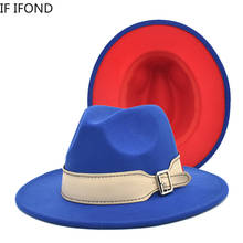 2021 New Royal blue with red Patchwork Wool Felt Jazz Fedora Hats with Wide Belt Buckle Wide Brim Party Trilby Hat 2024 - buy cheap