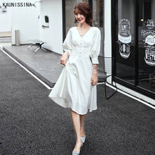 Vestido de cóctel blanco Simple para mujer, ropa Formal elegante con botones, corte en A, tres cuartos, cuello en V, para fiesta de noche 2024 - compra barato