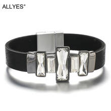 Pulseira de couro feminina allyes, bracelete com cristal brilhante, minimalista, boêmio, abertura larga, joia para mulheres 2024 - compre barato
