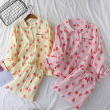 Pijama feminino de algodão crepe textura de água, pijama de manga longa com estampa de desenho animado para outono 2024 - compre barato