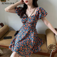Summer Vintage Women Backless Dress Square Collar Short Sleeve Floral Beach Dress Casual Holiday Lady Korean Boho Dress 2024 - buy cheap