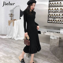 Jielur Winter O-Neck Knitted Dress Basic Solid Color Ruffles Dress For Women Elegant Slim Korean Style OL Robe Femme Hiver 2021 2024 - buy cheap