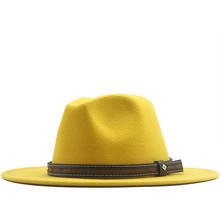 Fashion Men Women Wide Brim Wool Felt Hat Formal Party Jazz Trilby Fedora Hat with Belt Buckle Yellow Orange Rosy Panama Cap 2024 - buy cheap