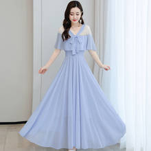 2021 новые женские модные пляжные вечерние размера плюс синий с белым кружевным бантом и M-3XL тонкий на каждый день в Корейском стиле элегантные женские длинные летнее платье Vestidos платье 2024 - купить недорого