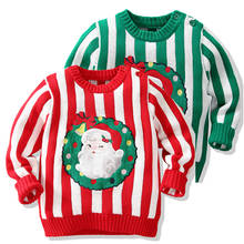 Рождественский свитер ручной работы для маленьких девочек; осенне-зимняя детская одежда в полоску; вязаные свитера с вышивкой Санта Клауса для мальчиков 2024 - купить недорого