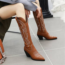 PXELENA-zapatos de estilo estrella para mujer, botas occidentales de caballero, con bordado de media pantorrilla, tacón alto grueso, estilo Cowboy Punk gótico, Invierno 2024 - compra barato