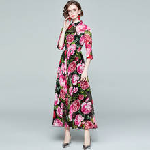Женское шифоновое платье с высокой талией, модельное винтажное платье-трапеция с цветочным принтом роз, облегающее простое длинное платье с воротником-стойкой, Новинка лета 2021 2024 - купить недорого