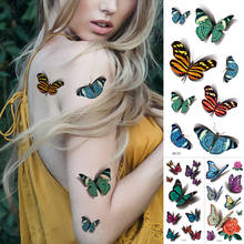 Водостойкая Временная тату-наклейка, синяя цветная бабочка, Реалистичная флэш-тату, женская рука, боди-арт, водная переводка, искусственная тату-девушка 2024 - купить недорого
