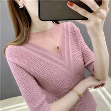 19803 (3, 4 in 10) make pure color lace stitching short-sleeved sweater 32 2024 - buy cheap