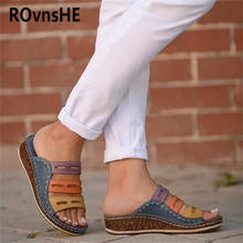 ROvnsHE Women Slippers Rome Women's Casual Shoes Thick Bottom Wedge Open Toe Stitching Color Sandals Beach Slip On Slides 2024 - buy cheap