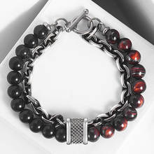 Davieslee Mens Bracelet Red Tiger Eye Stone Beaded Bracelet Black Glass Beads Gunmetal Stainless Steel Charm Jewelry DDB196 2024 - buy cheap