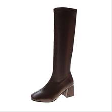 Fashion Women Genuine Leather Boots Black Fold Knee High Heel Boots Square head Long Boots Female Wedges Heel Botas Large size 2024 - buy cheap