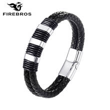 FIREBROS 2022 New Magnetic Clasp Stainless Steel Bead Charm Genuine Leather Bracelet Bangle Men Women's Jewelry Gift Accessory 2024 - buy cheap