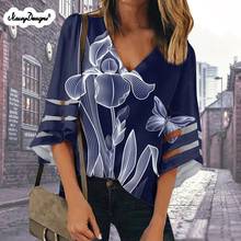 NOISYDESIGNS Blouses Beach Long Cutout Sleeve Office Shirt for ladies Loose V Neck Tops Blouse Women Flowers Print Clothing 2024 - buy cheap