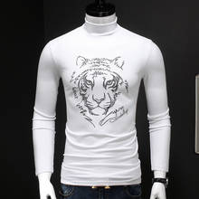 Camiseta manga tiger bordada, camiseta masculina metade de gola alta, camiseta branca, esticável de algodão, moda para outono e inverno 2024 - compre barato