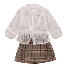 1-6Y Princess Kids Baby Girl Long Sleeve White Lace Floral Shirt Blouse Tops Plaid Mini Skirt 2PCS Outfits Girls Autumn Clothes 2024 - buy cheap