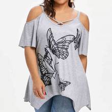 Летняя футболка на бретельках большого размера 3XL-7XL, обхват груди 130 см, модная женская Повседневная футболка на бретельках с принтом бабочки и асимметричным подолом 2024 - купить недорого