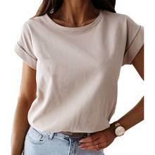 Verão mulheres tops cor sólida respirável gola redonda manga curta camiseta solta roupa feminina verão 2021 2024 - compre barato