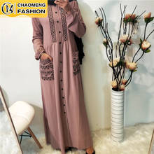 Abaya Дубай мусульманское женское скромное платье Элегантное вышитые пуговицы с карманами стильное платье макси Арабская турецкая исламская одежда 2024 - купить недорого