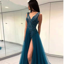 2020 Illusion A Line Evening Prom Dresses Long With Applique Beaded Prom Dress Tulle Front Slit Women Formal Evening Dresses 2024 - buy cheap