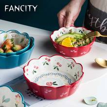 FANCITY Ceramic Red Cherry Bowl Salad Bowl Rice Pasta Backing Ramekin Bowl Blue Flower Design Dinnerware Dishwasher Safe 2024 - buy cheap