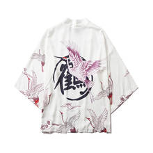 Crane Printed White Japanese Kimono Cardigan Men Haori Yukata Male Samurai Costume Clothing Jacket Shirt Haori 2024 - buy cheap