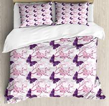 Floral capa de edredão conjunto delicado ilustração de flores e borboletas 3 peça conjunto cama roxo rosa branco 2024 - compre barato