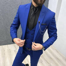 Trajes de tres piezas azul real para hombre, trajes ajustados con solapa de pico, esmoquin de boda hecho a medida, (chaqueta + Pantalones + chaleco), 2020 2024 - compra barato