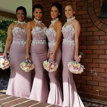 2020 Pink Hot Mermaid Bridesmaid Dresses High Neck Lace Appliques Floor Length Custom Made Flowers Maid of Honor Gowns 2024 - buy cheap