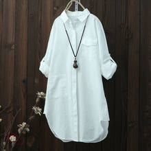 Женская блузка с двумя карманами, белая однотонная Повседневная Свободная блузка с длинным рукавом и отложным воротником в офисном стиле, 2019 2024 - купить недорого