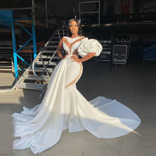 Charming White Long Train Evening Gowns Ruffles Puff   Sleeves Sexy Slit Mermaid Plus Size Aso Ebi Prom Party   Dressing Gowns 2024 - buy cheap