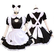 Vestidos negros de Lolita, traje de sirvienta, disfraz de gato bonito para mujer, delantal, disfraz de Halloween 2024 - compra barato