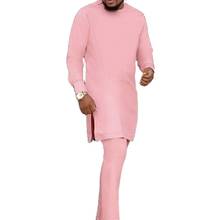 Африканская мода светильник розового цвета для мужчин; Комплекты с брюками; Топ с круглым вырезом и брюки сенатор Стиль мужские наряды костюмы Дашики 2024 - купить недорого