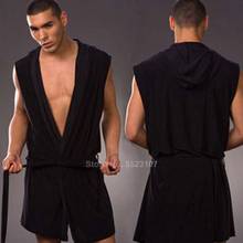 New Thin Men's Robe Home Wear Lounge Solid Color Loose Hooded Bathing Robe Gown Lace Up Sleeveless Smooth Sleepwear 2024 - buy cheap