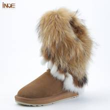 INOE Fashion Real Fox Fur Woman Knee High Cow Suede Leather Winter Snow Boots for Lidies Rabbit Fur Tassels Keep Warm Shoes 2024 - buy cheap