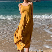 Женский длинный сарафан с открытой спиной, подиумное элегантное приталенное платье желтого цвета в Корейском стиле, Пляжное платье для отпуска и вечерние, лето 2021 2024 - купить недорого