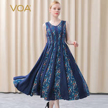 VOA 20m/m Silk Jacquard Zang-cyan Printed Stitching Arch Stitch Embroidered Pleated Sleeveless Long Dress Summer Chi 2021 AE556 2024 - buy cheap