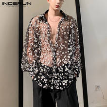 INCERUN Fashion Men Mesh Shirt Long Sleeve Printing Casual Lapel Transparent Loose Blouse Streetwear Party Clubwear Casmia S-5XL 2024 - buy cheap
