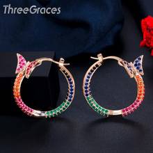 ThreeGraces Unique Colorful Cubic Zirconia Crystal Yellow Gold Cute Butterfly Round Hoop Earrings for Ladies Party Jewelry ER527 2024 - buy cheap