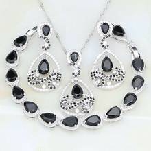 Conjunto de joyería de plata esterlina 925 para mujer, set de pendientes/colgante/Collar/pulsera de gota de agua con diamantes de imitación blancos y negros 2024 - compra barato