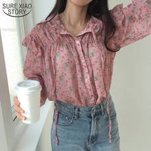 2022 Autumn New Long Sleeve Woman's Blouses Printed Wild Chiffon Blouse Korean Clothes Vintage Ruffled Pink Shirts Woman 10336 2024 - buy cheap