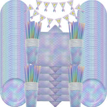 Juego de vajilla desechable de cumpleaños para niña, plato de taza de papel para fiesta de sirena, suministros de fiesta de mar, 1 Juego 2024 - compra barato