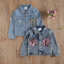 Infant Kids Baby Girls Jeans Coat Sequin Leopard Ripped Hole Patchwork Spring Autumn  Fashion Denim Jackets Tops Clothes 1-6Y 2024 - buy cheap