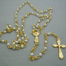 Mini rosário de vidro qigo, colar longo dourado com pingente de cruz religioso 2024 - compre barato